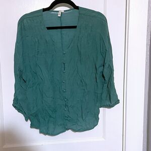 Joelle Green Crinkle Button Front Shirt Top BLOUSE Women’s Size L Large